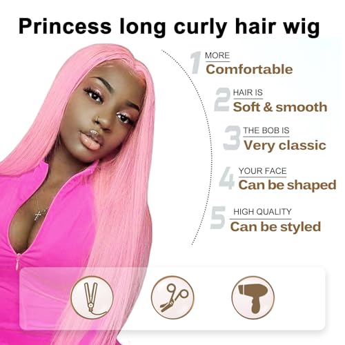 HTTDSLF 70CM Natürliche Lange Glatte Haare, Anime Kostümperücke Pink Wig, Hitzebeständige Lange Perücke Mädchen Damen Haarperücken Synthetische Haar Rosa Perücke, Kpop Perücken Party Cosplay Halloween