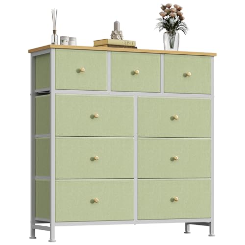 Image of OLIXIS 9 Drawer Tall Dresser for Bedroom, Closet Organizers and Storage | Fabric Dresser with Wooden Top, Chest of Drawers for Clothes Storage, Tower Cabinet, Furniture, TV Stand, Light Green
