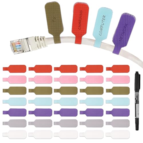 Kabelbeschriftung, Wiederverwendbar Kabeletiketten, 35 Stück Mehrfarbige Beschreibbare Kabel Etiketten, Kabelmarkierung mit 1 Markierstift zum Identifizierung von Kabel, Drähten(7 Farben)