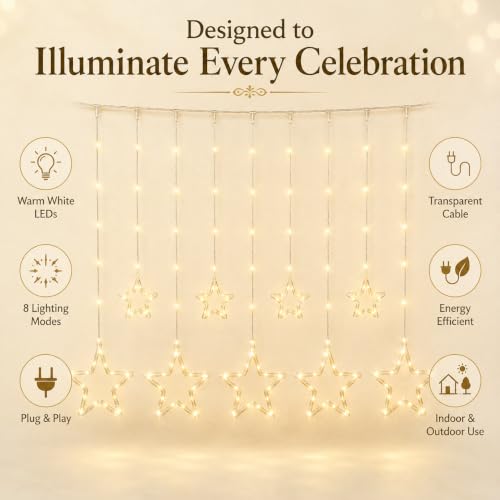 Image of Desidiya Star Curtain LED String Lights for Decoration | 120 Warm White | SMD LEDs | 10 Hanging Drops | 8 Lighting Modes | Waterproof Curtain Fairy Lights for Diwali, Christmas & Home Decor (11 Ft)