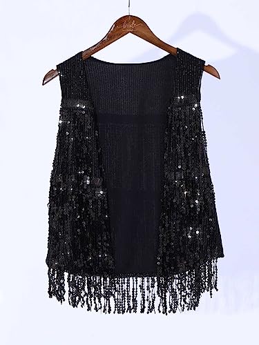 Asooll Fringe Sequin Vest Black Sparkly Jacket for Women2