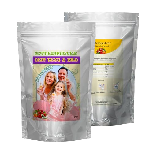 INDIGOS UG - 1000g Erdbeereispulver - Erdbeere - individuell personalisiert mit Foto und Wunschtext - Geschenk - Fotoidee für Softeis Maschine und Kugeleis