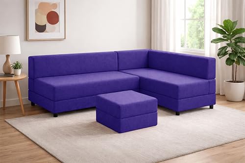 Image of Leg Sofa Cum Bed with Ottoman | Jute Fabric | Multipurpose Folding 3 Seater Sofa Bed 5x6 Ft for Living Room | Space Saving Furniture | Modern Design - Purple