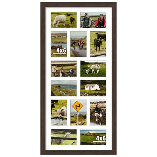 Image of DUENPY 14x30 Picture Frame 4x6 Collage Picture Frame Displays Fourteen 4x6 inch Photos Collage Wall Decor Wall Hanging Walnut