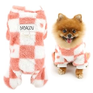 SMALLLEE_LUCKY_STORE Fleece Dog Pajamas for Small Dog Checkered Pet Pyjamas with D-Ring Puppy Pullover Pjs Thermal Winter Fall Jumpsuit Cat Chihuahua Yorkie Clothes, Pink, XXL