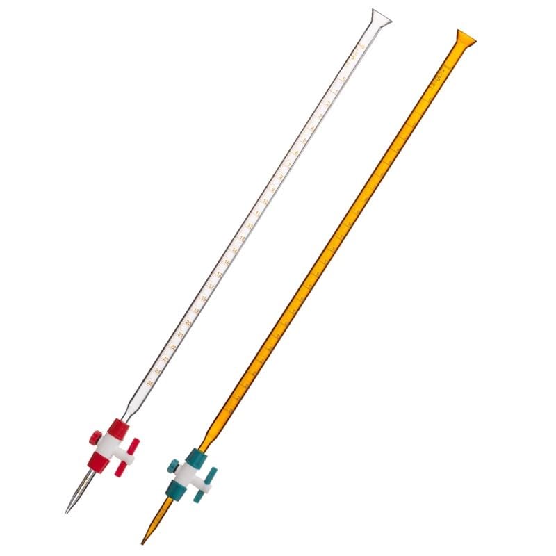 Bürette aus Borosilikatglas Klasse B mit PTFE-Hahn - Für Labortitration, 10ml bis 100ml, Klar/Bernstein/Schellbach(100mL Transparent PTFE)