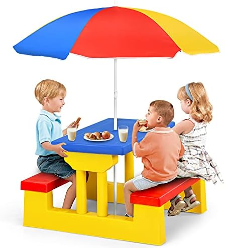GYMAX Kids Picnic Table, Garden Bench Set with Detachable Parasol, Indoor Outdoor Children Activities Play Table (Yellow + Red + Blue)