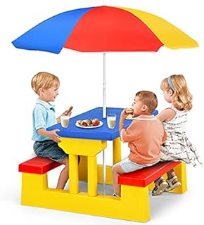 GYMAX Kids Picnic Table, Garden Bench Set with Detachable Parasol, Indoor Outdoor Children Activities Play Table (Yellow + Red + Blue)