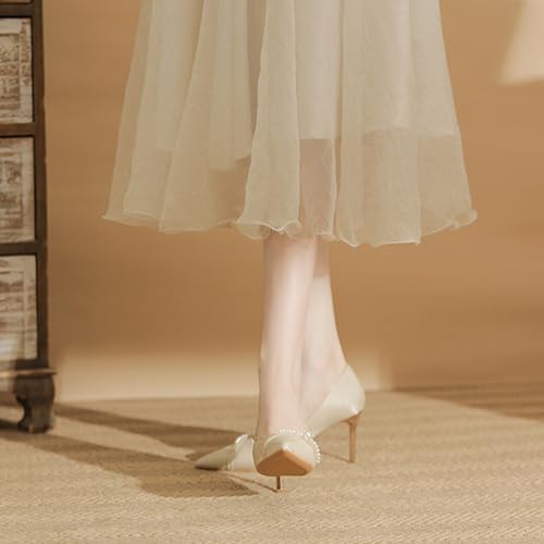 Women's Pearl Satin Stiletto Dress Pumps Fashion Pointed Toe Slip-On Mid Heel Formal Business Office Work Shoes Grace Party Wedding Bridal Shoes4