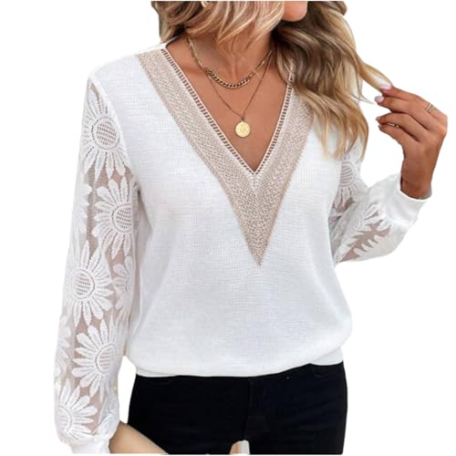 Chvity Long Sleeve Lace Tops for Women Casual Fashion Sheer Mesh V Neck Loose Ladies Blouse Shirts Fit Comfy