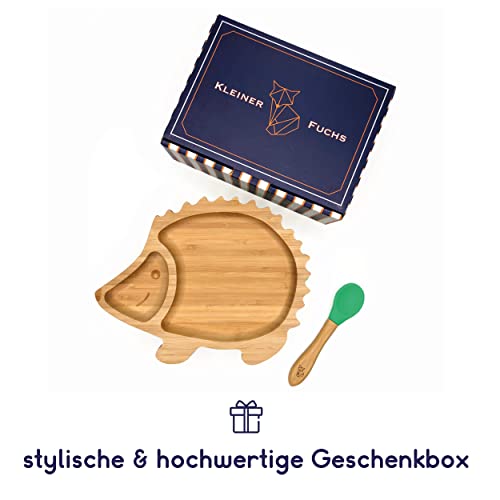 Kleiner Fuchs Hochwertiges Bambus Teller mit Saugnapf, Rutschfestem Saugnapf mit passendem Baby Löffel Macht Mahlzeiten Spaß, Bambus Geschirr Set mit Geschenkbox - Essenlernen mit Igel Design – Bild 6
