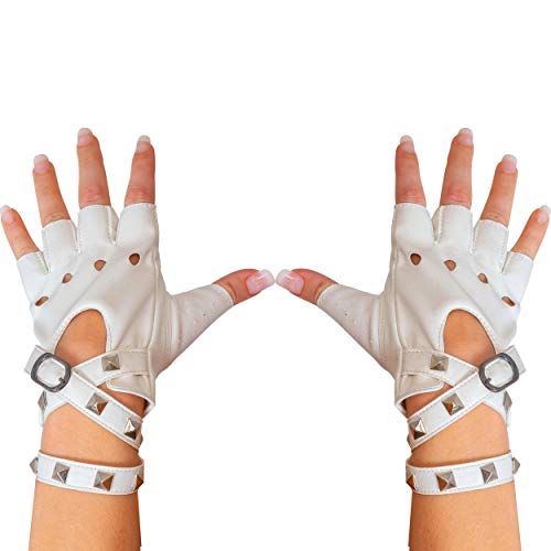 Skeleteen Fingerless Faux Leather Gloves - White Biker Punk Gloves with Belt Up Closure and Rivet Design for Women and Kids