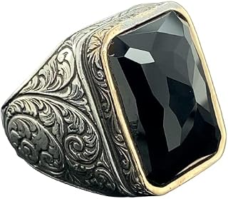 Men Handmade Ring, Black Stone Ring, Onyx Stone Ring, Ottoman Style Embroidered Ring, 925k Sterling Silver Ring, Gift For Him