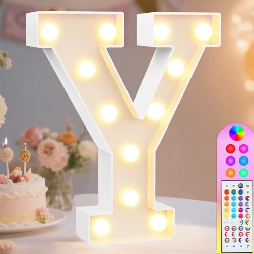 Image of Pooqla Colorful Light Up Letters with Remote, Upgraded 35 Colors LED Marquee Letters, RGB Lighted Letter for Girls Teenager Gift, Birthday, Party, Wedding, Night Light, Room, Bedroom Decor, Letter Y