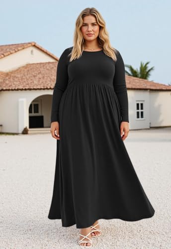 Image of Nemidor Plus Size Maxi Dress for Curvy Women Fall Casual Loose Long Sleeve Dresses with Pocket 14-26