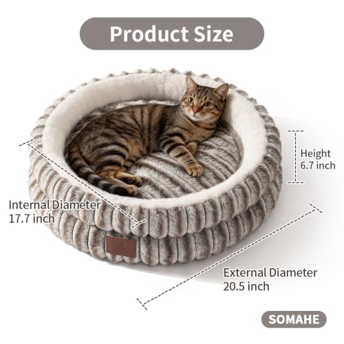 SOMAHE Cat Bed for Indoor Cats, Washable Round Plush, 20x20 Taupe Gray | Reversible Cushion + Machine Washable: soft round cat bed with plush raised sides for cozy indoor naps. - Image 4