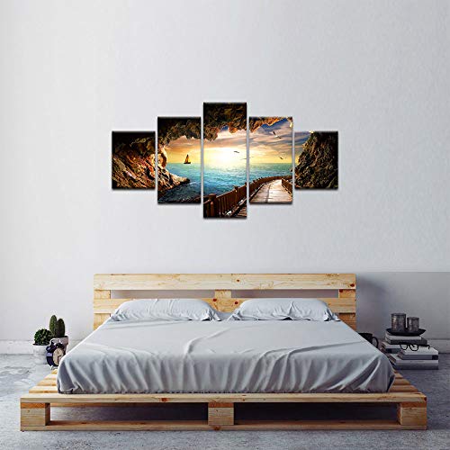 Sunset Seagulls Stone Scene Landscape Picture Modern Painting On Canvas 5 Piece Framed Wall Art For Living Room Bedroom Kitchen Home Decor Stretched Gallery Canvas Wrap Giclee Print (60’’W X 32’’H) #TOP3