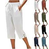 White Cotton Linen Capri Pants for Women Petite Spring Break 2026 Plus Size Clothes Loose Fit Straight Wide Leg High Drawstring Elastic Waist Cropped Gauze Pant Casual Lightweight Summer Beach