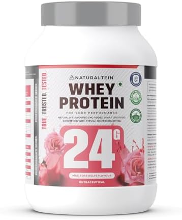 NATURALTEIN Natural Whey Protein – 24g Protein per Serving | Max Rose Kulfi Flavour | Stevia Sweetened | No Added Sugar | Non-GMO | Soy-Free & Gluten-Free | Natural | Super Mixability | 1 kg