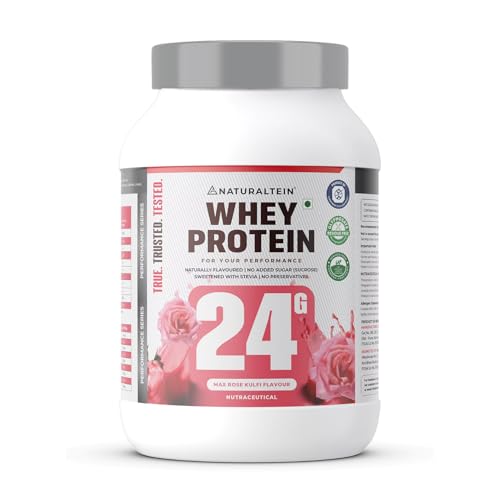 NATURALTEIN Natural Whey Protein – 24g Protein per Serving | Max Rose Kulfi Flavour | Stevia Sweetened | No Added Sugar | Non-GMO | Soy-Free & Gluten-