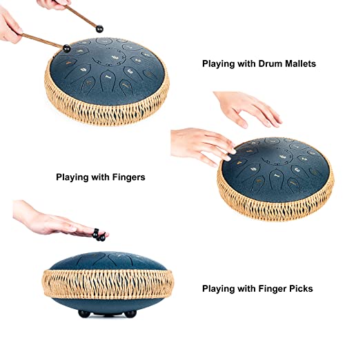 Image of HOPWELL Steel Tongue Drum - 15 Note 12 Inch Tongue Drums - Percussion Instruments - Hand Pan Drum with Music Book, Drum Mallets and Carry Bag, D Major, Navy Blue