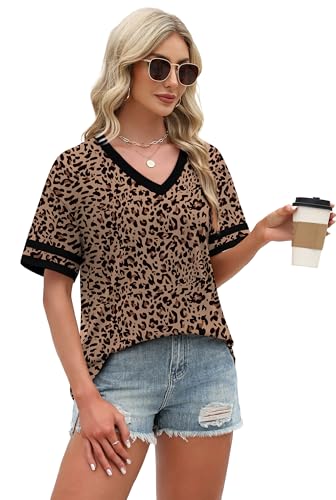Image of WIHOLL Womens T Shirts Loose Fit Short Sleeve Tees V Neck Color Block Summer Tops 2026 Fashion S-4XL