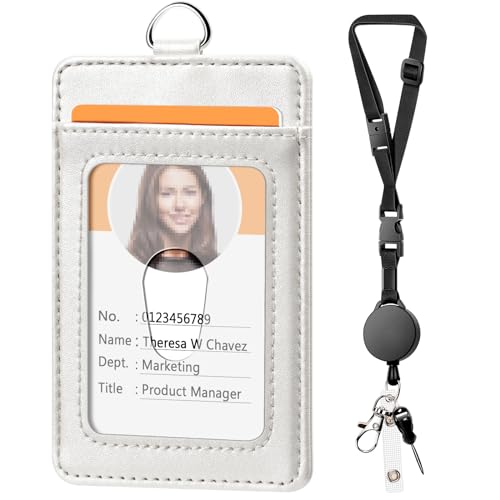 Leather Badge Holder and Adjustable Retractable Lanyards, Quick Release Buckle and Safety Breakaway Lanyards with Swivel Metal Clasp for Offices, Staff, Students, Employees
