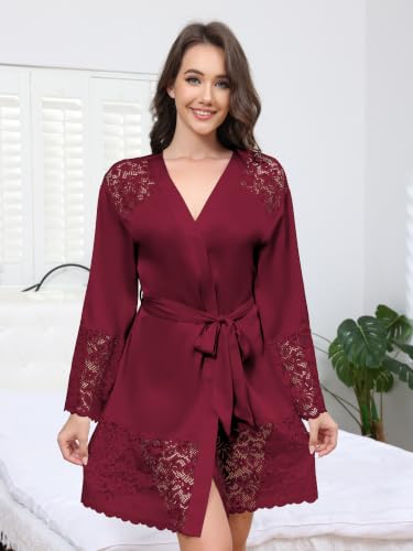 Anetyflying Women Slik Robes Lace Trim Stain Kimono Bathrobe for Bridesmaid - image 2