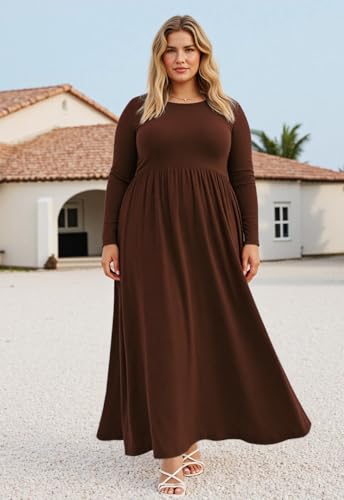 Image of Nemidor Plus Size Maxi Dress for Curvy Women Fall Casual Loose Long Sleeve Dresses with Pocket 14-26