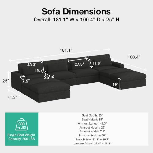 Image of Novilla 181 inch Deep Seat Modular Sectional Sofa, Removable Washable Covers, U Shape 8 Seater Cloud Couch with Lumbar Pillows, Chenille Boneless Sectional Couch Dark Gray, No Assembly Required