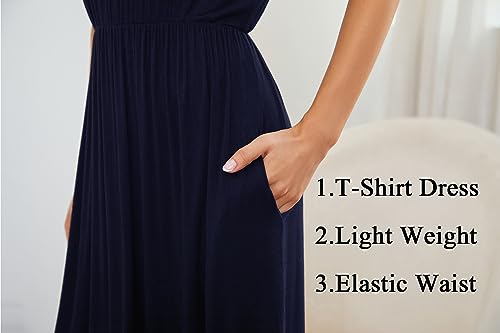 Image of AUOMITH Women Summer Short Sleeve Navy Blue Maxi Dress Pleated Loose Plain Round Neck Casual Empire High Waisted Party Long Dress with Pockets XX-Large