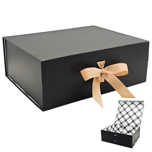 Tekhoho Schwarze Große Geschenkbox 33.5x27x12.5cm, Premium Geschenkbox mit Magnetdeckel und Schleife für Feiertage Hochzeit Geburtstag Geschenkverpackungen, kariertes Innenfutter