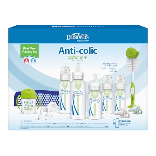 Dr. Brown's Anti-Colic Options+ First Year Feeding Set, 0m+ | 4 oz bottles, 8 oz bottles, Level 1 and 2 nipples, HappyPaci, sippy cup, bottle brush, dishwasher bag, and caps - image 2