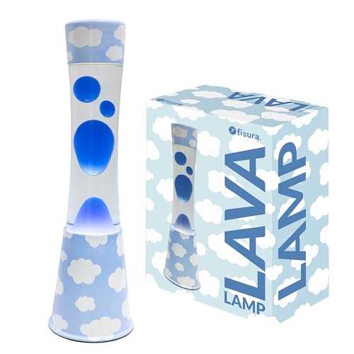 Fisura - Lámpara de lava "nubes". Base con estampado de nubes, líquido transparente y lava azul. Lámpara efecto relajante. Con bombilla de repuesto. 11 cm x 11cm x 39,5 cm.