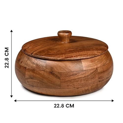 Image of Acacia Wood Roti & Casserole Box (Size: 9 Inch Diameter) | Food-Grade Wooden Bread Storage Container for Roti, Chapati & Breads