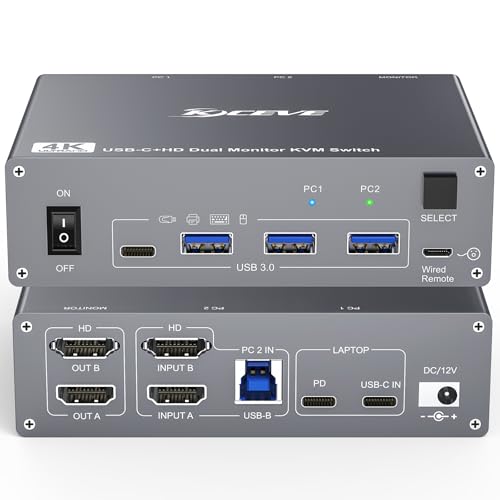 USB Type C Docking Station Dual Monitor KVM Switch 2 Monitors 2 Computers USB-C HDMI 5Gbps 4K@60Hz KVM Switch for Laptop & Desktop PC, 100W PD Charging, with Type-C 3.1 Gen2 Cable and Wired Remote