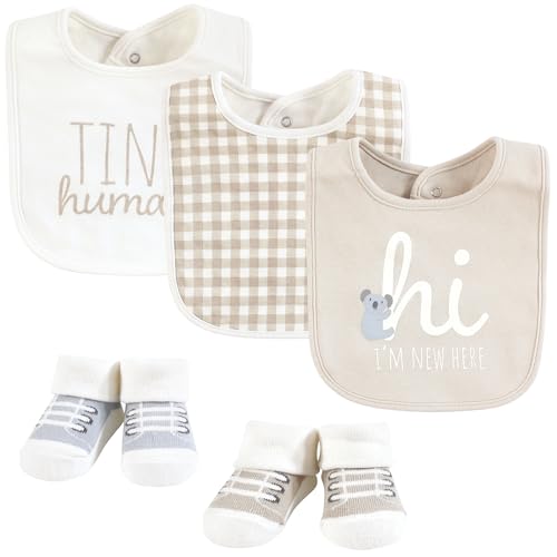 Image of Hudson Baby Cotton Bib and Sock Set, New Here, One Size