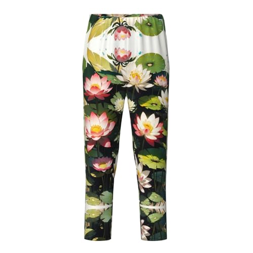 Pajama Pants Pajama Bottoms with Elastic Waistband Sleepwear Lounge Pants, Lotus Flowers Leaf