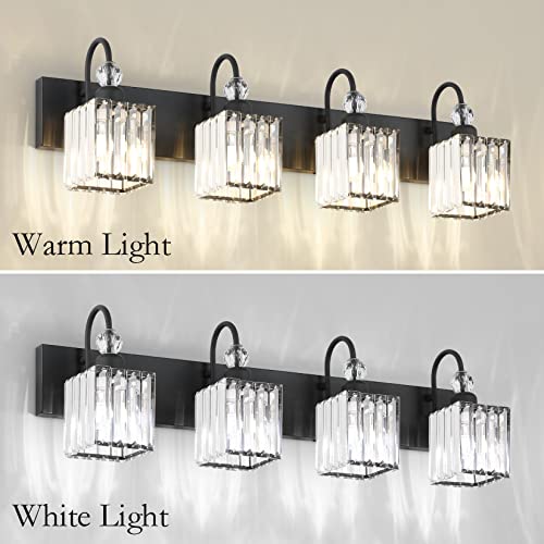 Image of Ralbay Matte Black Crystal Vanity Light 4 Light Modern Crystal Bathroom Lighting Fixtures Over Mirror, Crystal Black Bathroom Vanity Light
