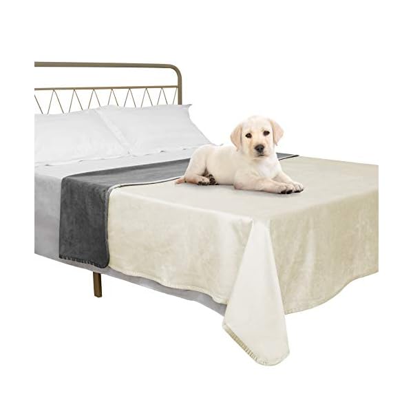 Ameritex Haustierbett-Decke, wendbar, 100 % wasserdicht, Samt, superweich, für Sofa und Bett, 132 x 203 cm, cremefarben + Grau