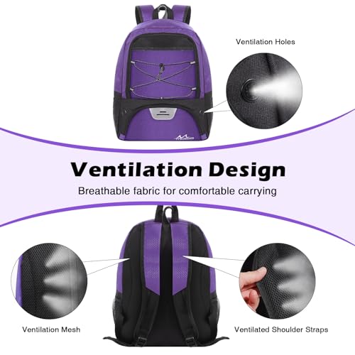 MoKo Mochila Bolsa de Fútbol, Mochila de Baloncesto para Hombres y Mujeres con Compartimentos Separados para Balón y Zapatillas, Bolsa de Equipamiento Deportivo para Ropa, Tablets, Portátiles, Morado - imagen 4