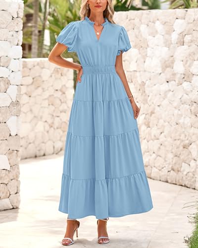 Image of dowerme Womens Summer Dresses 2025 Casual Puff Sleeve V Neck Smocked Waist A-Line Tiered Maxi Prom Dress with Pockets