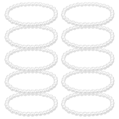 10 Pcs Pearl Bracelets, 0.2'' White Faux Pearl Bracelets for Women Beaded Stretch Strand Elastic Stackable Pearls Bracelet Set for Bridal Party Gift Wedding Bridesmaid Daily Wear