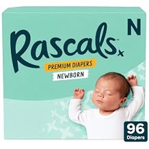 Rascals Premium Newborn Baby Diapers, Size Newborn, 96 Count, Ultra Soft Disposable Diapers, Up to 12 Hours Leak Protection, High Absorbency, Comfortable Fit for Sensitive Skin