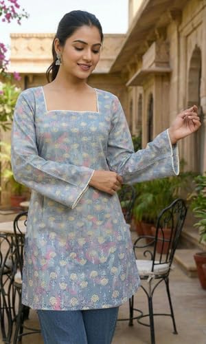 Image of Sun Fashion And Lifestyle Cotton Blend Printed Straight Short Length Kurti for Women | Short Kurti for Women | Ladies Ethnic Tunic | Bell Sleeve Short Kurti | Corset Back Kurti | Short Tunic Top