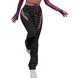 Damen Hose PU Lederhose Damen Hoch Taillierte Hohle,Gerade Leggings, Schlanke schlanke Sexy Lederhosen Fashion Streetwear Freizeithosen Damen Zugbandage Steampunk Hose