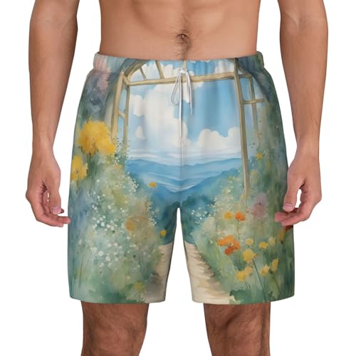 Season Watercolors of Herbs Flowers Men's Soft Double Swim Shorts, Lounge Swiming Shorts Pants Breathable Summer