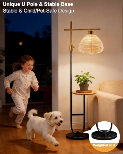 Image of 66IN Gold&Black Dimmable Floor Lamps with Storage Table, Modern Standing Tall Lamp with Milky White Lampshade, Cross-Shaped Lamp Head and U-Pole Base Style for Living Room /Bedroom