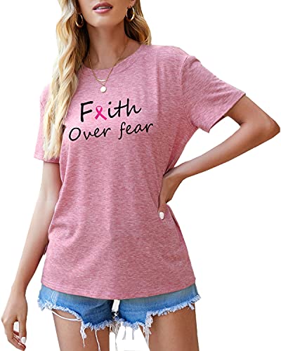 Womens Pink Ribbon Breast Cancer Awareness Shirts Gifts Faith Over Fear Short Sleeve T Shirt Tops Tees