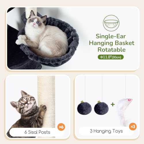 Image of Globlazer Tall Cat Tree Tower for Large Adult Cats, Multi-Level Large 65 Inch Cat Scratching Tower with Hammock, 6 Scratching Posts, Basket and 2 Perches for Indoor Multiple Cats, F65D, Dark Grey